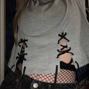 Grey Double Lace-Up Cropped Tee